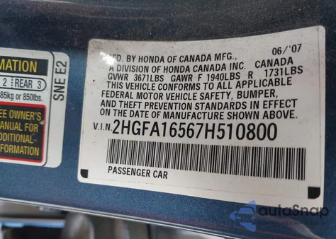 2007 Honda Civic Lx from USA, damaged, VIN 2HGFA16567H510800